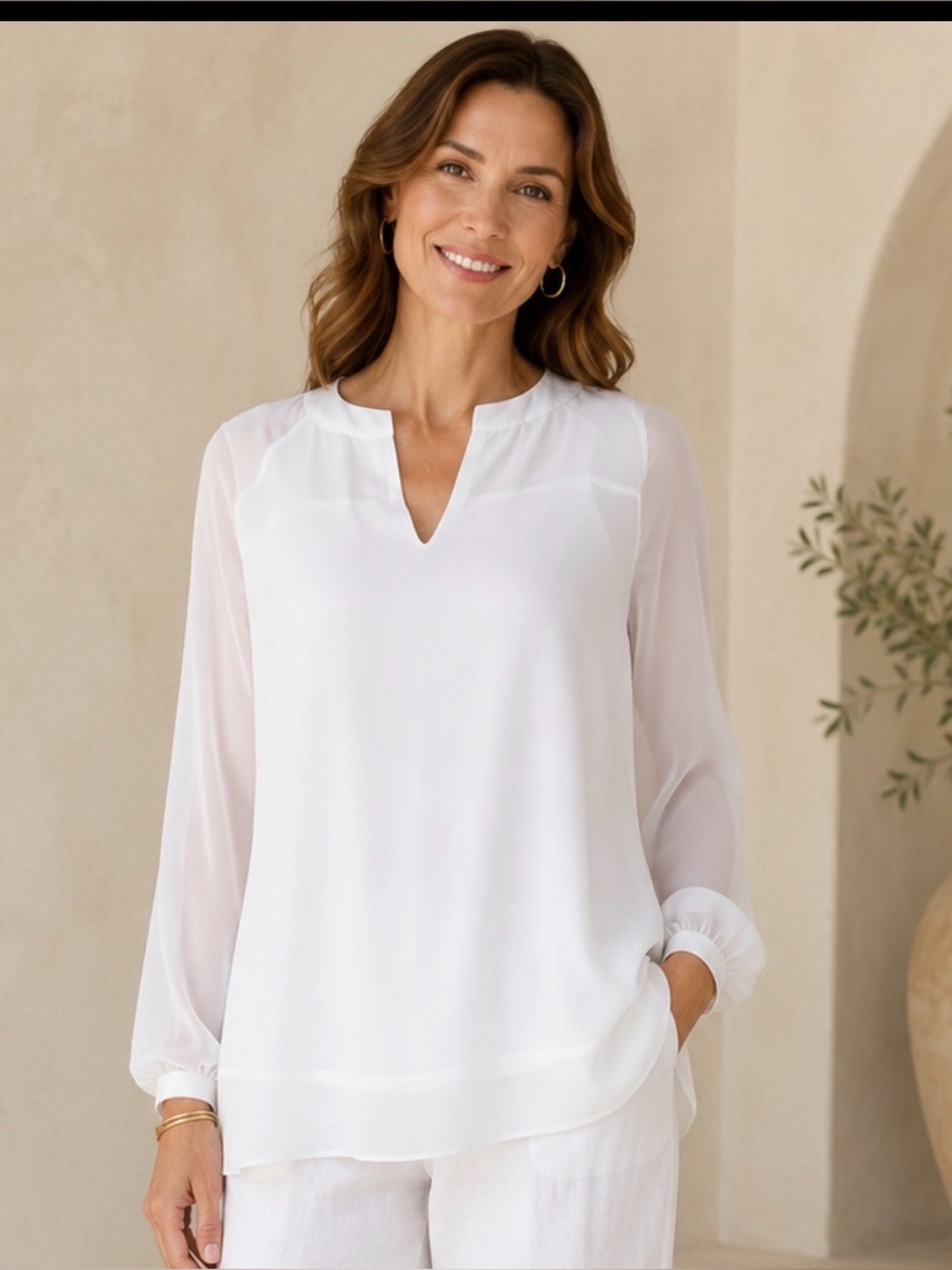 Cabi Allure Sheer Long Sleeve Flowy V-Neck Tunic Top High Low Blouse Size M
